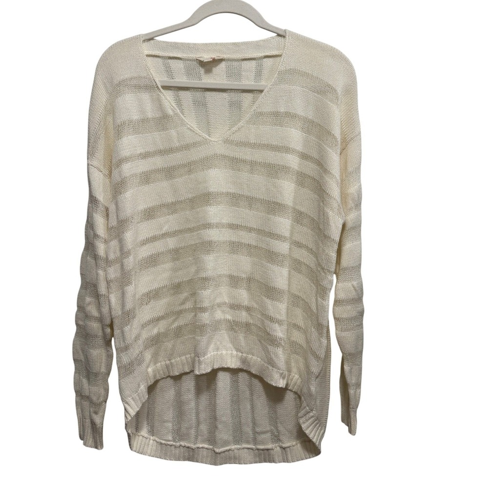 G by Guess Women'sโ Cream Striped V Neck Sheer Knit Sweater XL Open Knit